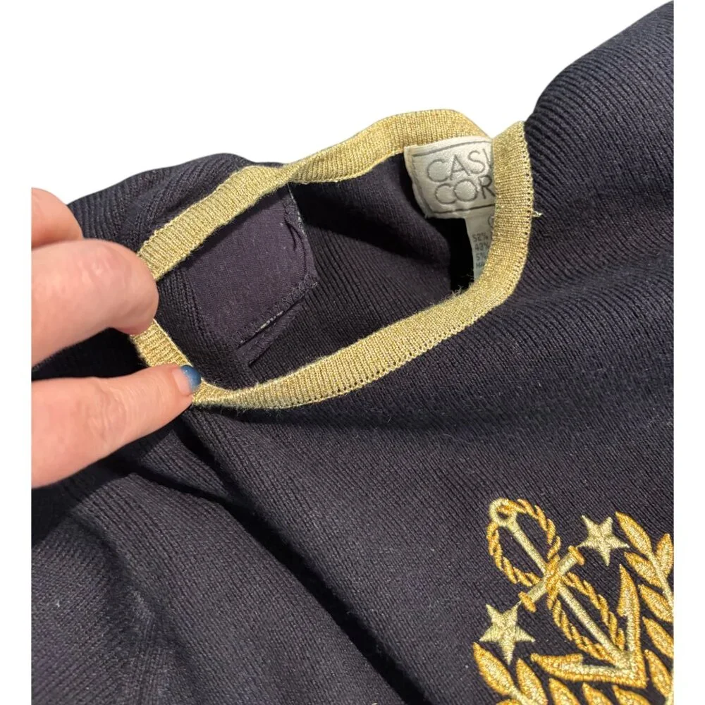 Casual Corner Vintage Nautical Anchor Crest Sweater Black Gold Metallic Womens M